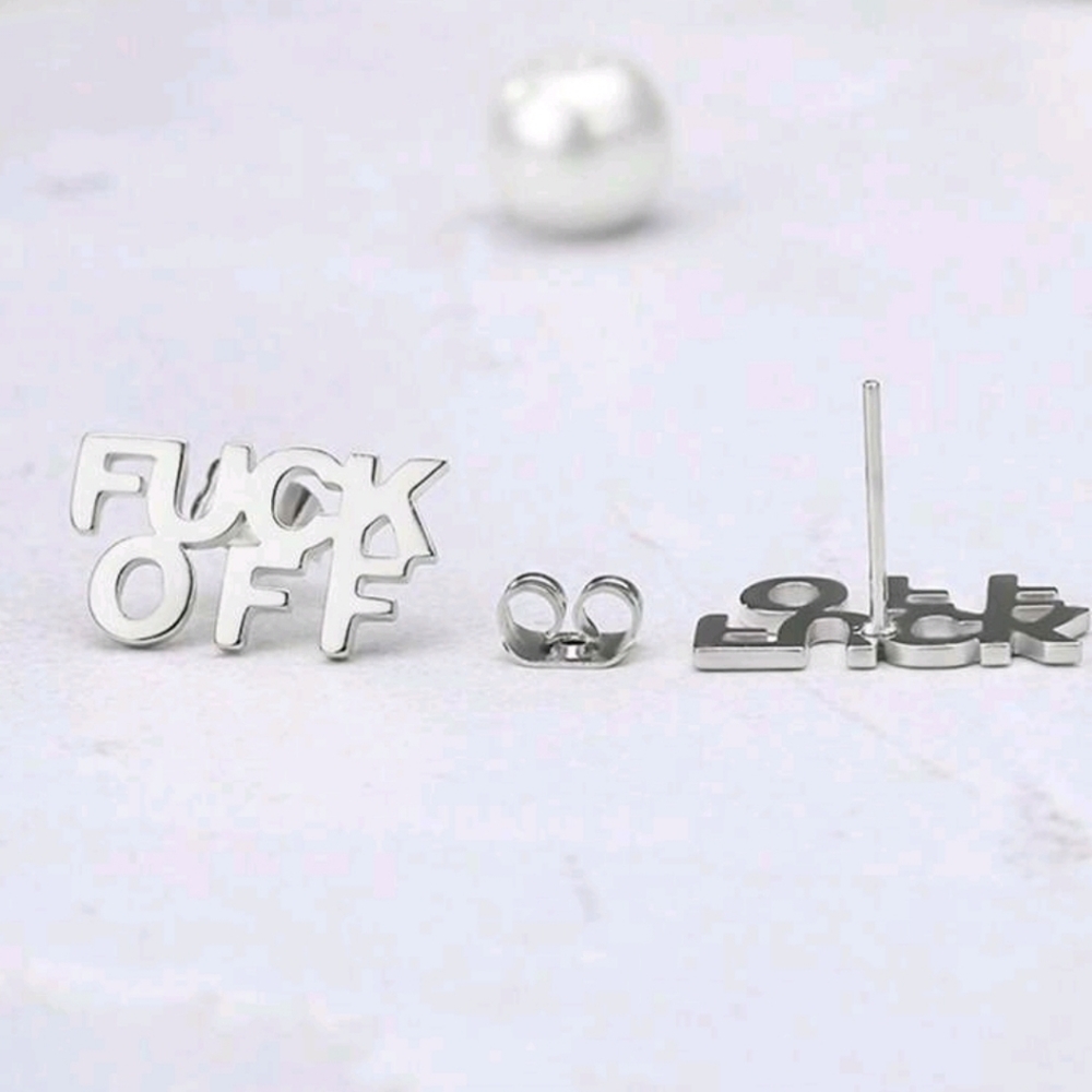 ✨️  F U C K OFF silver or Gold Vintage Stainless Steel Letter Stud Earrings ✨️ - Picture 3 of 6